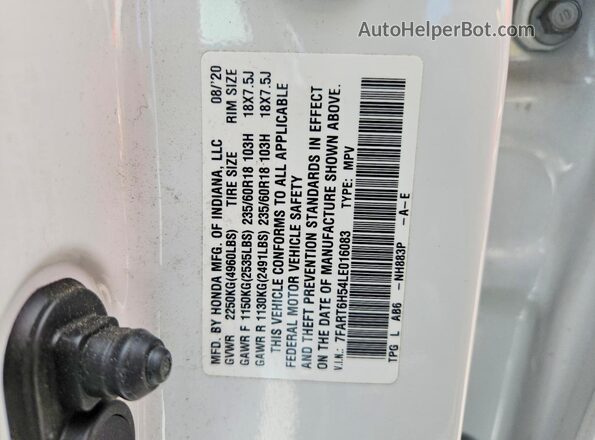 7FART6H54LE016083 2020 HONDA CR-V White VIN կոդի պիտակի տեսք
