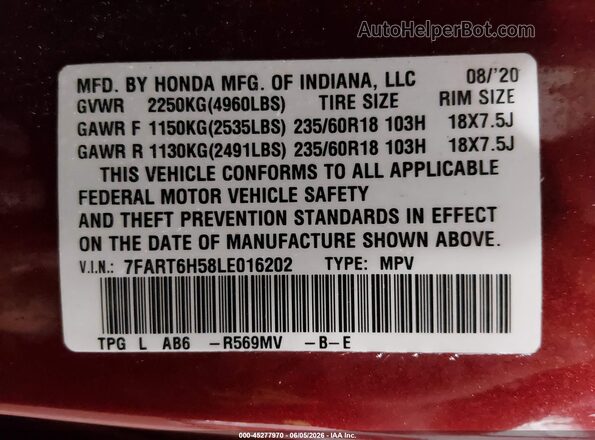 7FART6H58LE016202 2020 HONDA CR-V HYBRID Red Engine compartment view