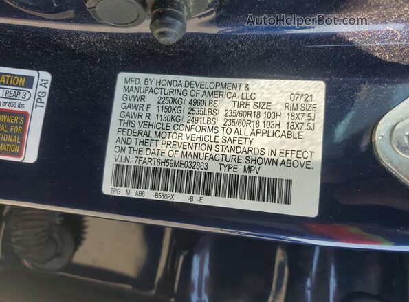 7FART6H59ME032863 2021 HONDA CR-V Blue 