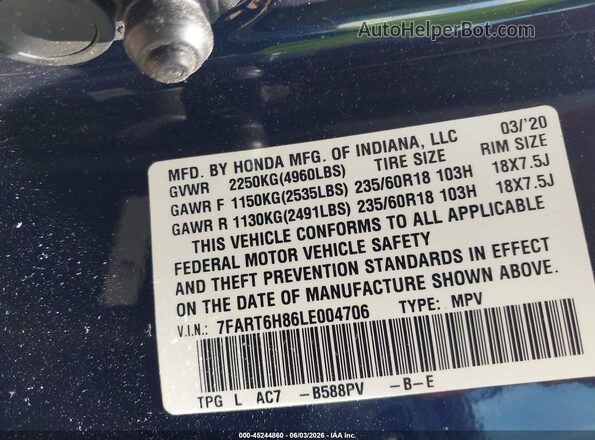 7FART6H86LE004706 2020 HONDA CR-V Blue Engine compartment view