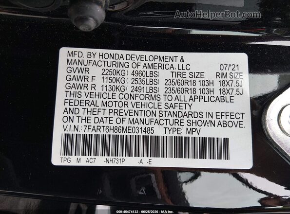7FART6H86ME031485 2021 HONDA CR-V Black Engine compartment view