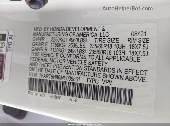 7FART6H86ME035861 2021 HONDA CR-V Белый Вид подкапотного пространства