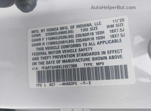 7FART6H8XLE027308 2020 HONDA CR-V White Widok komory silnika