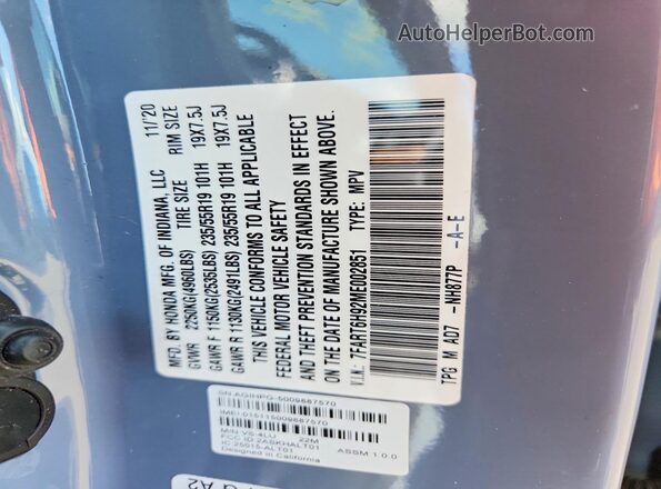 7FART6H92ME002851 2021 HONDA CR-V Blue Панорамний вид салону 360°