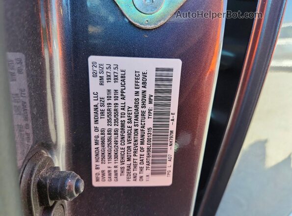 7FART6H98LE001315 2020 HONDA CR-V Gray Vista de la etiqueta del VIN