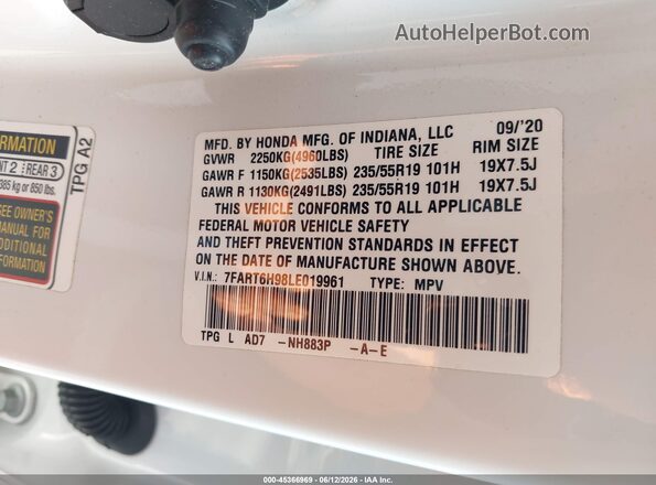 7FART6H98LE019961 2020 HONDA CR-V White Vista del compartimento del motor