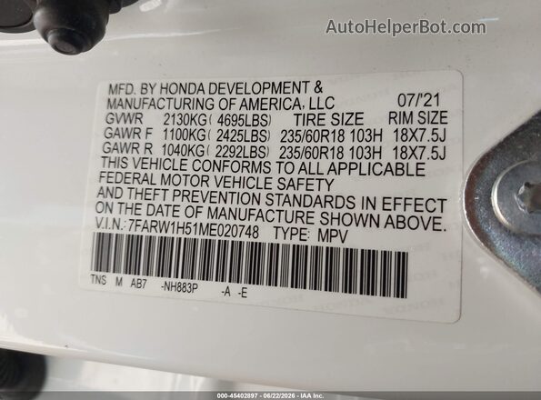 7FARW1H51ME020748 2021 HONDA CR-V White Widok komory silnika