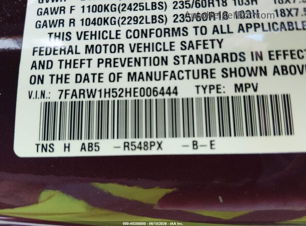 7FARW1H52HE006444 2017 HONDA CR-V Burgundy Vista del compartimento del motor