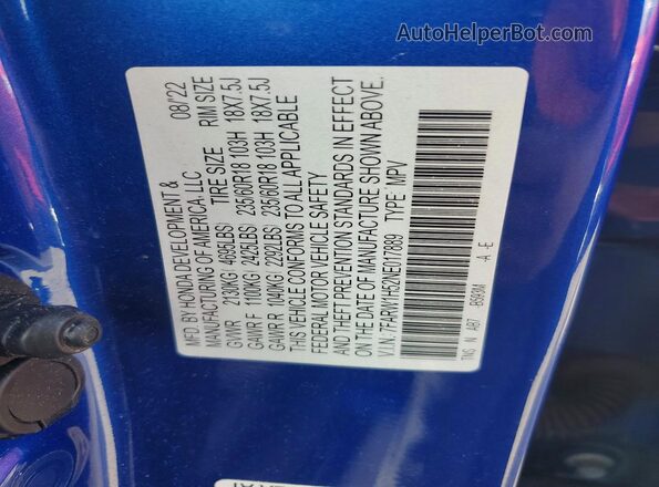 7FARW1H52NE017889 2022 HONDA CR-V Blue VIN sticker view