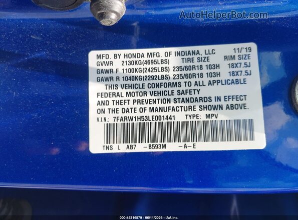 7FARW1H53LE001441 2020 HONDA CR-V Blue 