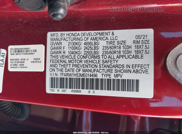 7FARW1H53ME014496 2021 HONDA CR-V Red Շարժիչի բաժամունքի տեսք