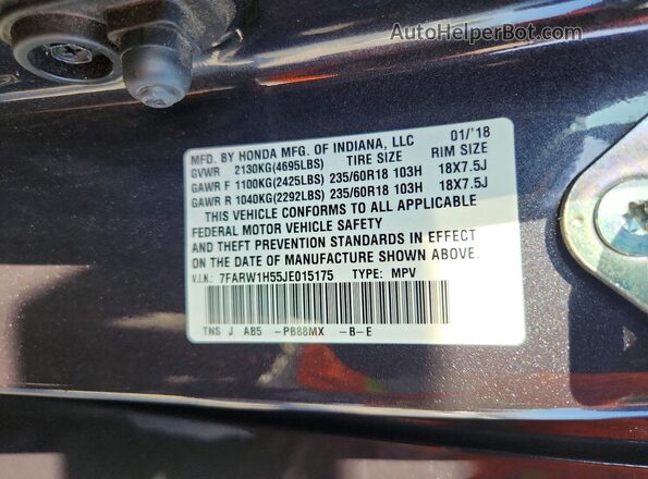 7FARW1H55JE015175 2018 HONDA CR-V Gray Вид наклейки з VIN-кодом