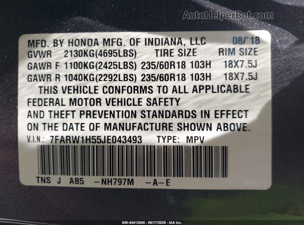 7FARW1H55JE043493 2018 HONDA CR-V Gray ძრავის განყოფილების ხედი