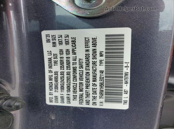 7FARW1H56LE021148 2020 HONDA CR-V Gray Вид наклейки з VIN-кодом