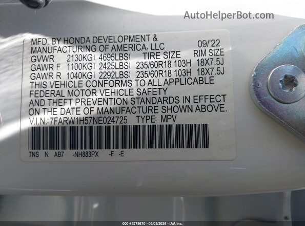 7FARW1H57NE024725 2022 HONDA CR-V White Vista del compartimento del motor