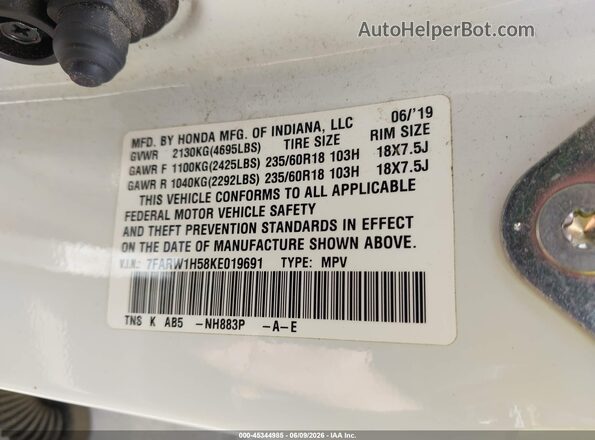 7FARW1H58KE019691 2019 HONDA CR-V White Vista del compartimento del motor