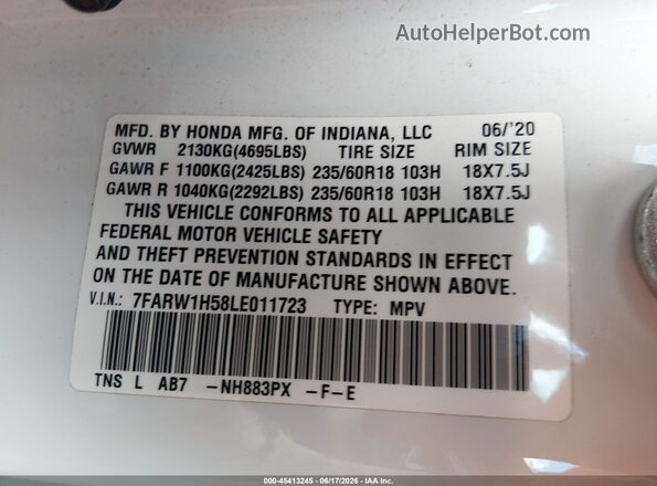 7FARW1H58LE011723 2020 HONDA CR-V White Շարժիչի բաժամունքի տեսք