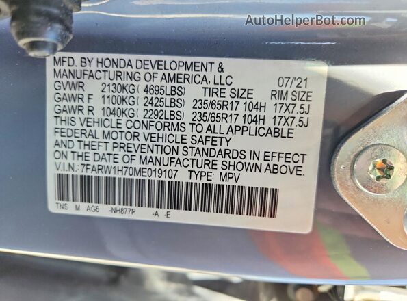 7FARW1H70ME019107 2021 HONDA CR-V Gray Widok naklejki z numerem VIN