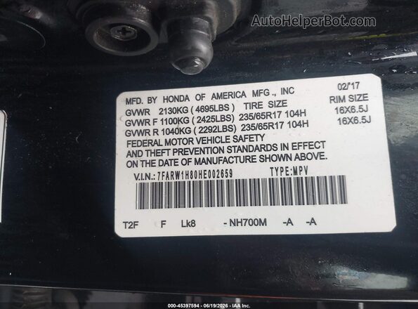 7FARW1H80HE002659 2017 HONDA CR-V Black Вид підкапотного простору