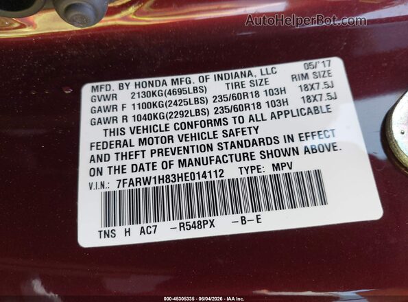 7FARW1H83HE014112 2017 HONDA CR-V Burgundy Engine compartment view