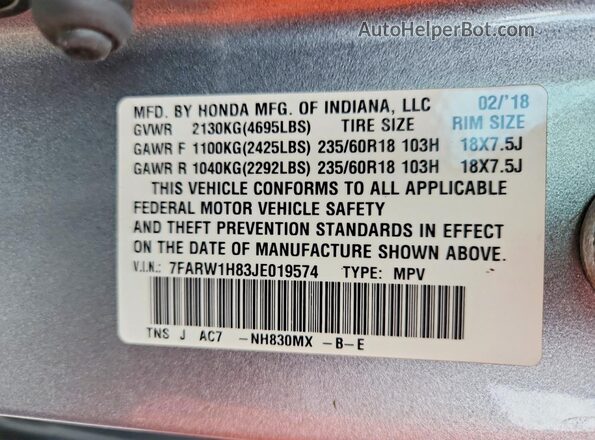 7FARW1H83JE019574 2018 HONDA CR-V Silver VIN կոդի պիտակի տեսք