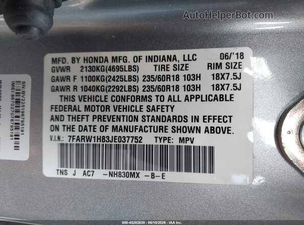 7FARW1H83JE037752 2018 HONDA CR-V Gray ძრავის განყოფილების ხედი
