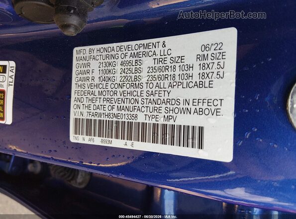 7FARW1H83NE013358 2022 HONDA CR-V Blue ძრავის განყოფილების ხედი