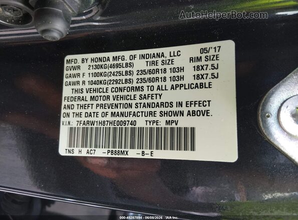 7FARW1H87HE009740 2017 HONDA CR-V Blue Շարժիչի բաժամունքի տեսք