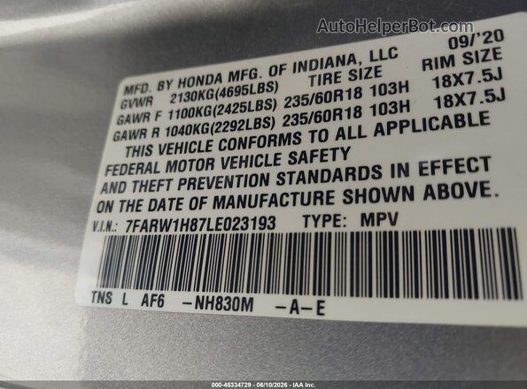 7FARW1H87LE023193 2020 HONDA CR-V Silver Widok komory silnika