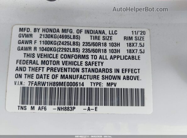 7FARW1H89ME000614 2021 HONDA CR-V White 