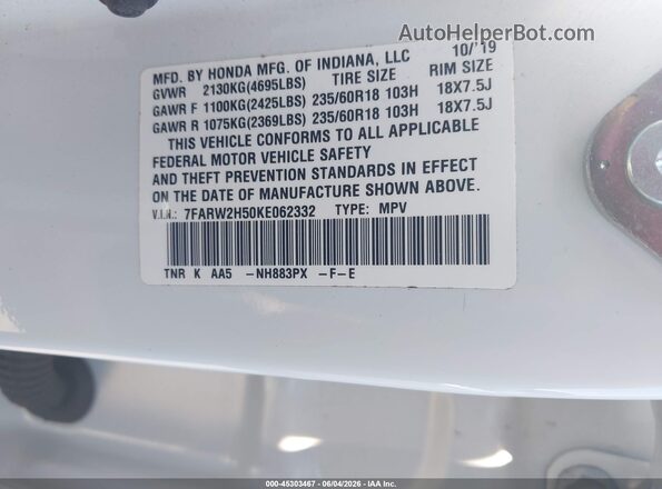 7FARW2H50KE062332 2019 HONDA CR-V Белый Вид подкапотного пространства