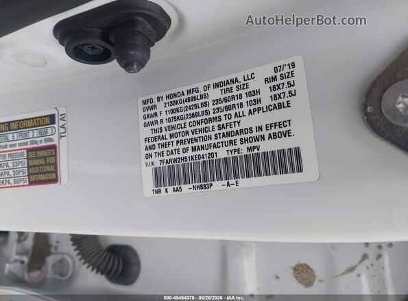 7FARW2H51KE041201 2019 HONDA CR-V Белый Вид подкапотного пространства