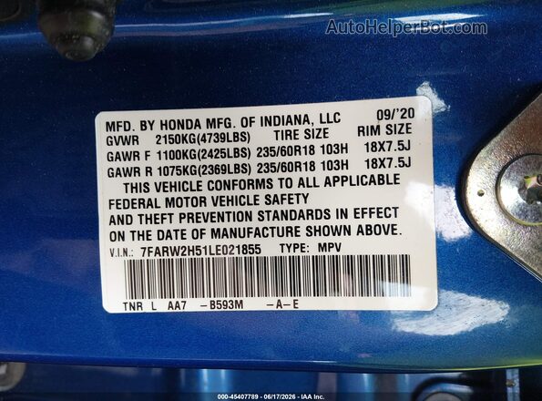 7FARW2H51LE021855 2020 HONDA CR-V Blue Widok komory silnika