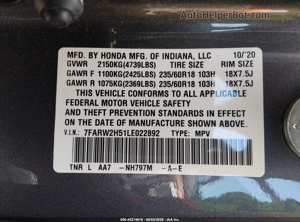 7FARW2H51LE022892 2020 HONDA CR-V Gray ძრავის განყოფილების ხედი