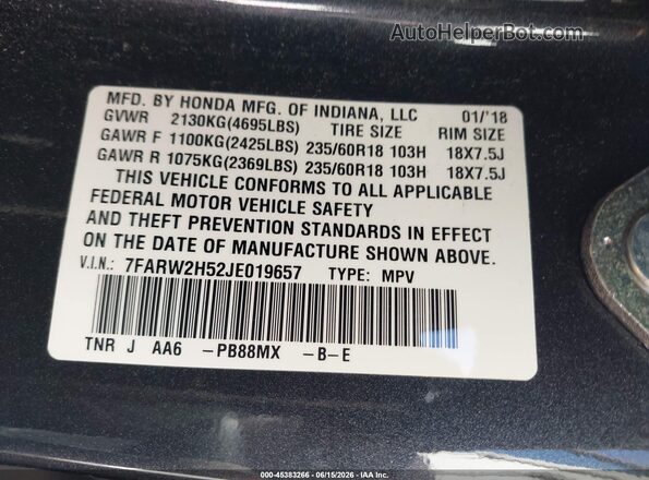 7FARW2H52JE019657 2018 HONDA CR-V Gray Շարժիչի բաժամունքի տեսք