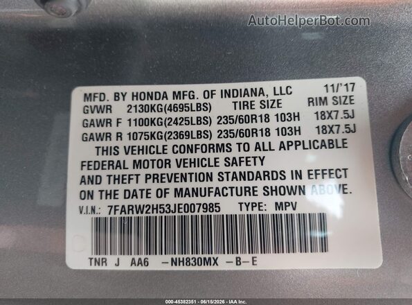 7FARW2H53JE007985 2018 HONDA CR-V Gray Շարժիչի բաժամունքի տեսք