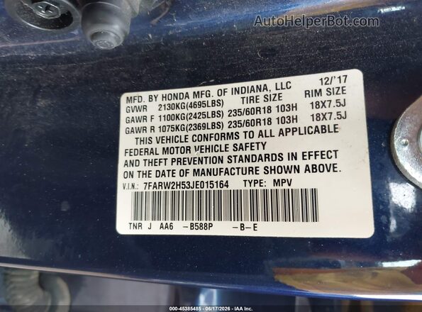 7FARW2H53JE015164 2018 HONDA CR-V Blue 