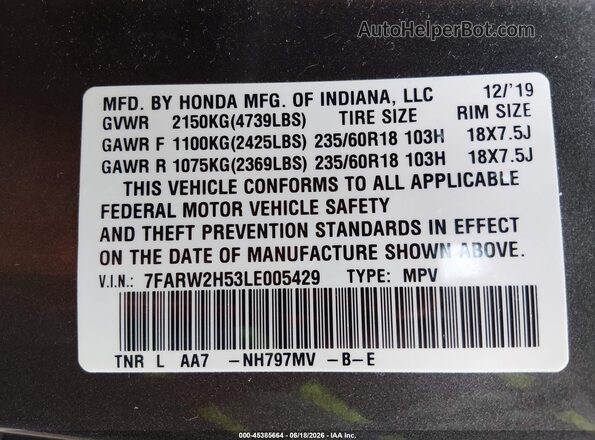 7FARW2H53LE005429 2020 HONDA CR-V Gray Engine compartment view