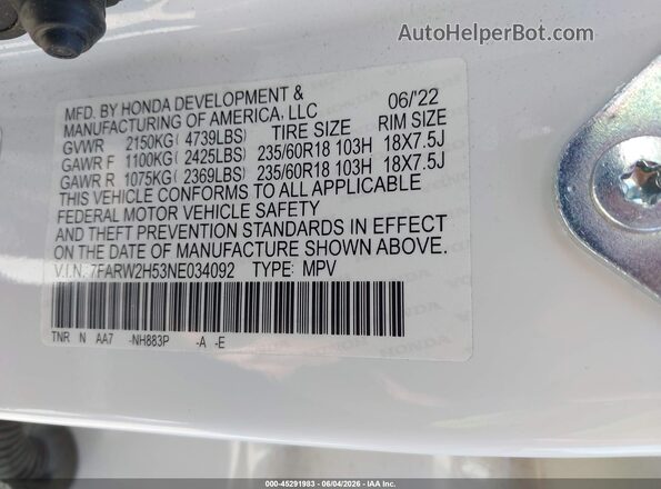 7FARW2H53NE034092 2022 HONDA CR-V White Շարժիչի բաժամունքի տեսք