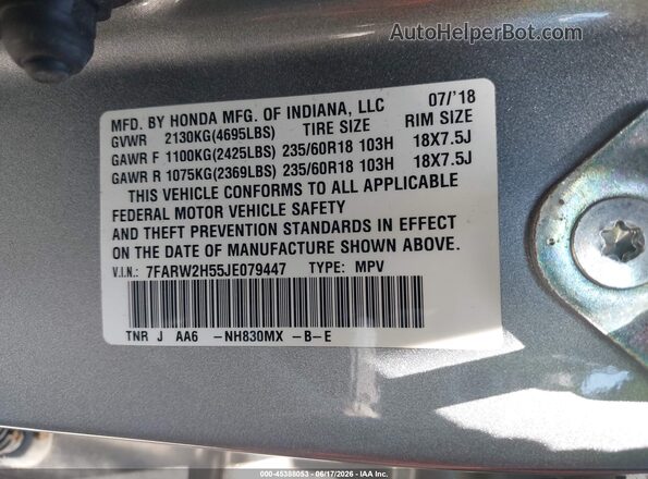 7FARW2H55JE079447 2018 HONDA CR-V Silver ძრავის განყოფილების ხედი