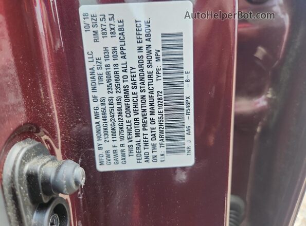 7FARW2H55JE102872 2018 HONDA CR-V Maroon Widok wnętrza 360 stopni