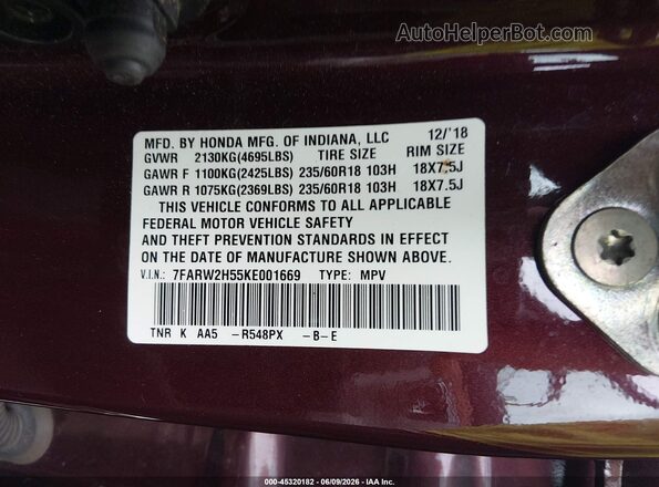 7FARW2H55KE001669 2019 HONDA CR-V Maroon 