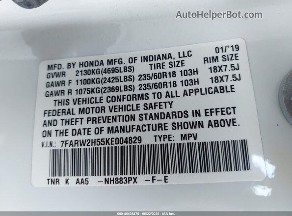 7FARW2H55KE004829 2019 HONDA CR-V White Вид підкапотного простору