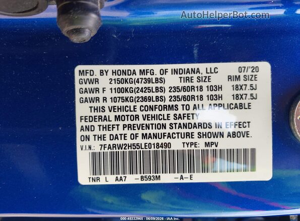 7FARW2H55LE018490 2020 HONDA CR-V Blue 