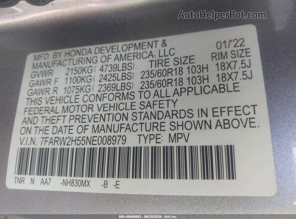 7FARW2H55NE008979 2022 HONDA CR-V Silver Вид підкапотного простору