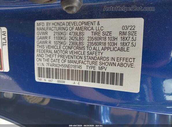 7FARW2H56NE018145 2022 HONDA CR-V Blue Vista del compartimento del motor