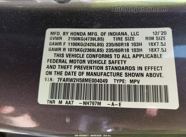 7FARW2H58ME004049 2021 HONDA CR-V Gray Vista del compartimento del motor