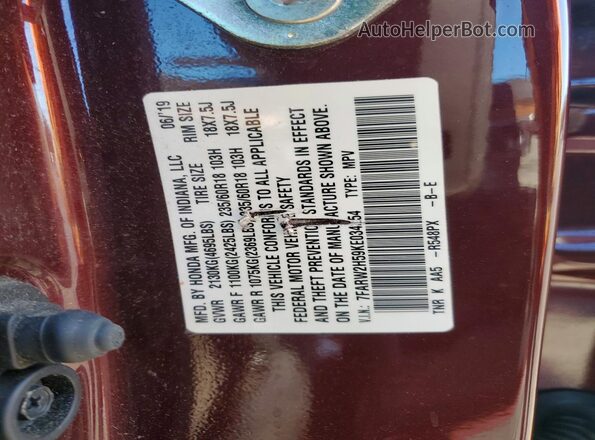 7FARW2H59KE034254 2019 HONDA CR-V Burgundy Вид наклейки з VIN-кодом