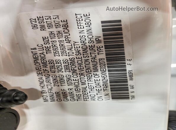 7FARW2H5XNE032078 2022 HONDA CR-V White Widok naklejki z numerem VIN