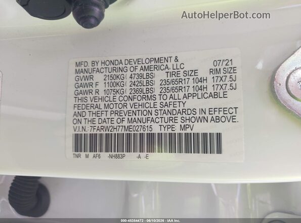 7FARW2H77ME027615 2021 HONDA CR-V White Շարժիչի բաժամունքի տեսք